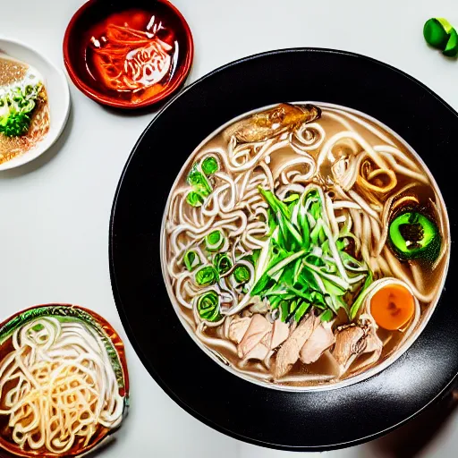 Prompt: flatlay realistic photo of delicious pho, ramen, highly detailed, natural light, 8 k hd, award winning, food photography, 3 5 mm,