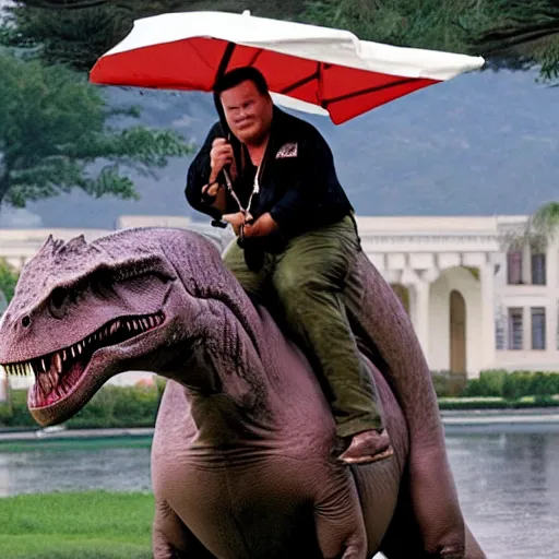 Image similar to A dinosaur riding on Steven Seagal