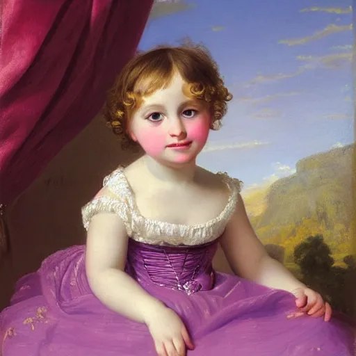 Image similar to portrait of a german toddler princess sitting down in a silk lavender gown, circa 1 8 3 7, by carl joseph begas, highly detailed, beautiful, oil on canvas, 1 8 3 0 s, romanticism