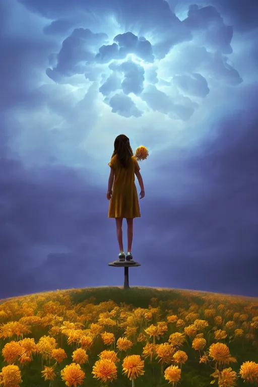 Image similar to closeup giant dahlia flower over head, girl standing on mountain, surreal photography, blue storm clouds, dramatic light, impressionist painting, digital painting, artstation, simon stalenhag