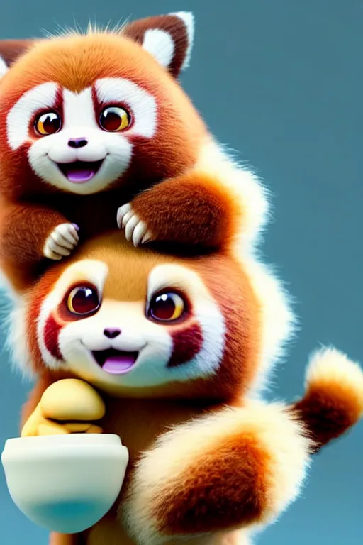 Image similar to high quality 3 d render hyperrealist very cute pastel fluffy! red panda & tarsier hybrid suspicious eating giant ice cream, vray smooth, in the style of detective pikachu, hannah yata, very dramatic light, low angle, uhd 8 k, shallow depth or field