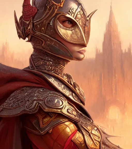 Prompt: battlemage, full armor, full body portrait, gentle, female, city landscape, d & d, fantasy, intricate, elegant, highly detailed, digital painting, red gold color palette, artstation, octane render, concept art, matte, sharp focus, illustration, hearthstone, art by artgerm and greg rutkowski and alphonse mucha