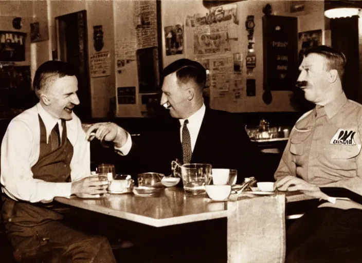 Image similar to Joe Biden and Adolf Hitler, having dinner at a Dive bar restaurant, award winning cinematic photography, 50 mm, blurred background, trending on twitter