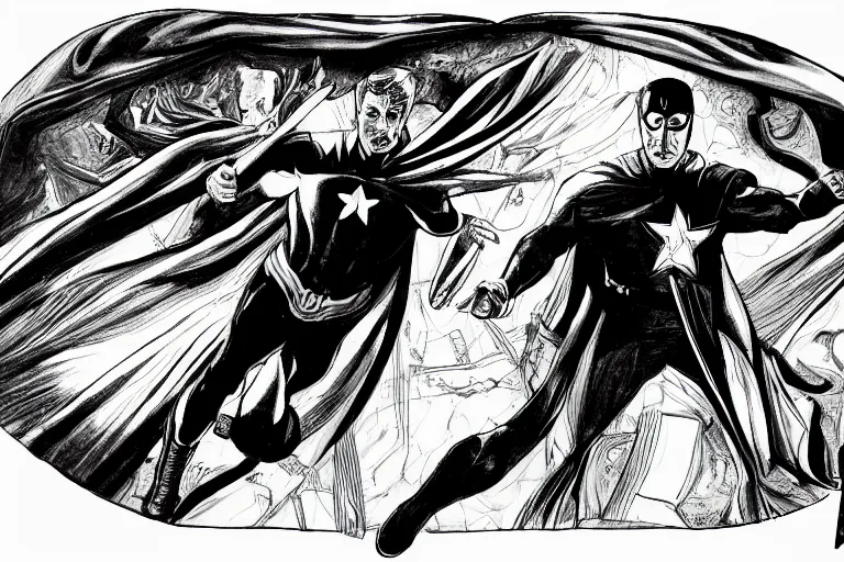 Image similar to black and white drawing of captain america wearing doctor strange costume by sandro botticelli in 4 k ultra high resolution, with inspiring feeling