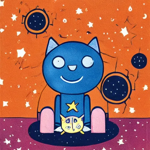 Prompt: a robot cat sitting in a tiny rocket among the stars with a little fish toy in its mouth