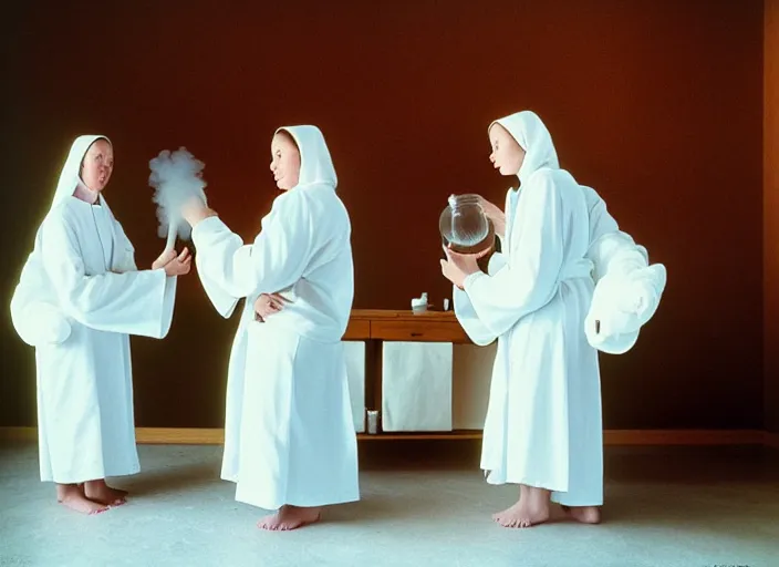 Image similar to realistic photo of a two medieval female monks scientists wearing white cotton robes, doing an experiment with a cloud, living room interior is made of wood 1 9 9 0, life magazine reportage photo, natural colors