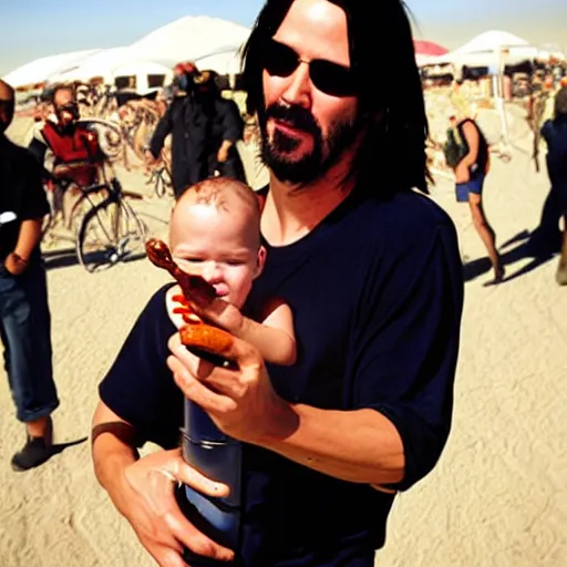 Image similar to keanu reeves dressed as a baby smoking a hot dog at burning man