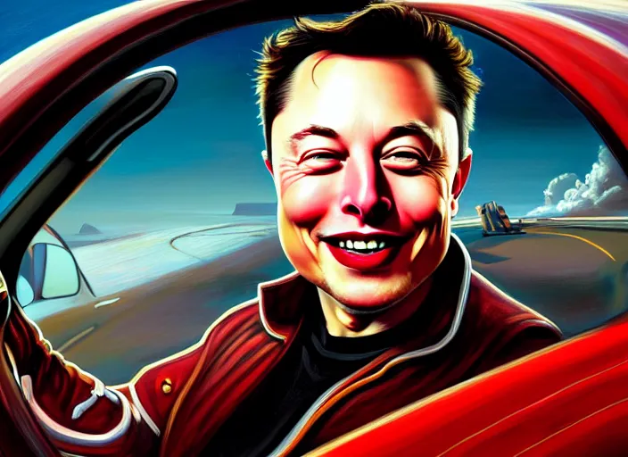 Image similar to highly detailed painting of a grinning Elon Musk as a pirate captain, proudly posing behind the wheel of his Tesla Roadster, artstation, cinematic lighting, hyperdetailed, cgsociety, 8k, high resolution, insanely detailed and intricate, concept art, smooth, sharp focus, illustration, art by John Philip Falter, Art Nouveau, masterpiece