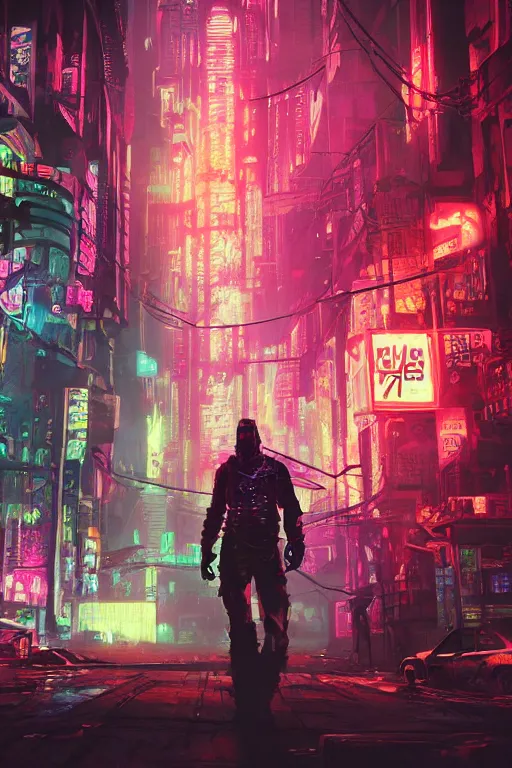 Image similar to Gerald Witcher. Neon cyberpunk underground. Сoncept art, Dan Mumford, Greg Rutkowski, Quixel Megascans, octane render, 16k, 8k, photoillustration, RTX