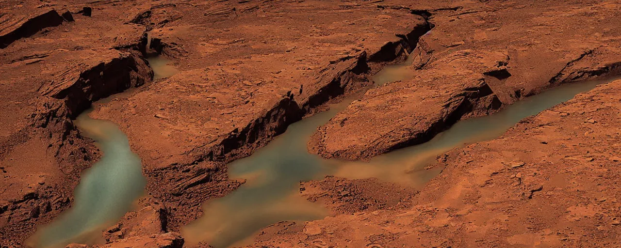 Image similar to A river on Mars, canyon, landscape photograph, award winning, highly detailed