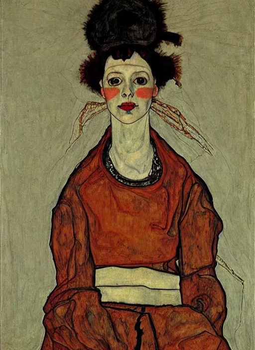 Image similar to portrait of young woman in renaissance dress and renaissance headdress, art by egon schiele