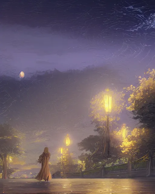 Prompt: over the shoulder landscape painting of long blonde violet evergarden, behind are distant lights from an old european city, next to the reflecting ocean, nighttime, by Philipp A. Urlich and Pengzhen Zhang and Andreas Rocha, fantasy, intricate, elegant, highly detailed, digital painting, artstation, blender, unreal engine 5, octane render, smooth, sharp focus, illustration