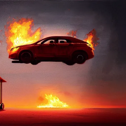 Image similar to A car on fire in a desert while the silhouette of a man is watching this sad spectacle | painting by Greg Rutkowski