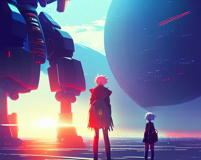 Image similar to anime illustration of a menacing planet sized mech, in ruined city, wide shot, bokeh, ilya kuvshinov, anime, pixiv top monthly, trending on artstation, cinematic, danbooru, zerochan art, kyoto animation