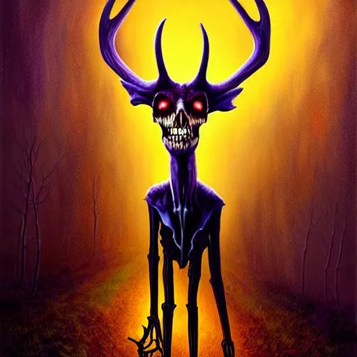 Prompt: Tim Jacobus Goosebumps art painting, artgerm, painting, Wendigo monster with deer skull face, antlers, furry brown body, tall and lanky skinny, walking through a suburb, night time, purple, green and blue colors, bright colors and saturation, ominous lighting, spooky, foggy, fog