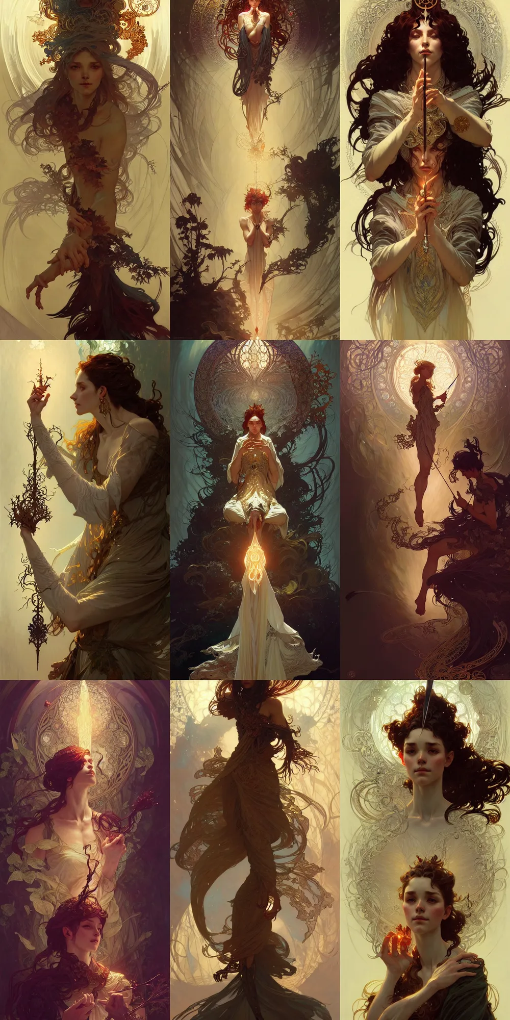 Prompt: Wizard casting a spell, fantasy, intricate, elegant, highly detailed, digital painting, artstation, concept art, smooth, sharp focus, illustration, art by Krenz Cushart and Artem Demura and alphonse mucha