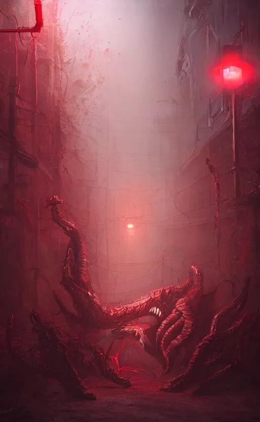 Image similar to mother demogorgon in the background, red ambience, at night, creepy over the street in the background, dynamic lighting, photorealistic fantasy concept art, trending on art station, stunning visuals, creative, cinematic, ultra detailed