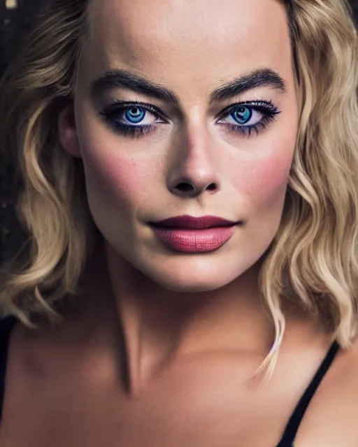 Image similar to A portrait of a margot robbie in a cosplay uniform, piercing eyes, highly detailed, bokeh, professional photograph, full body shot 4K, HD