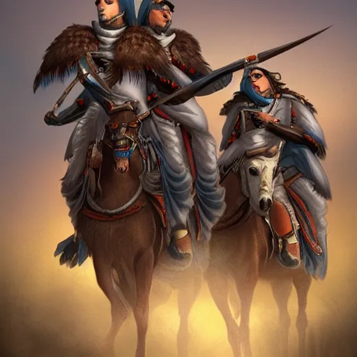 Prompt: cidaricheti falcons. a gang of mounted bandits. fantasy, high details, digital art