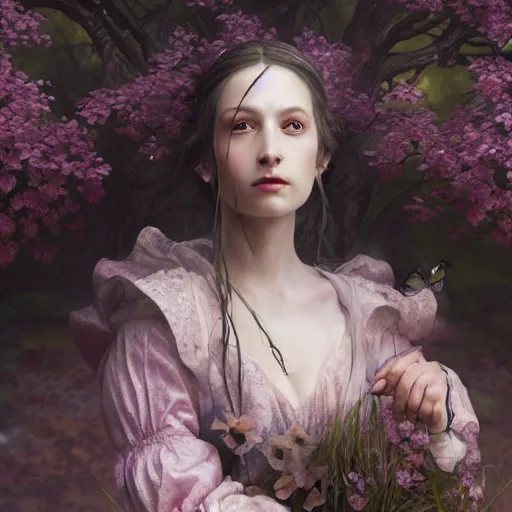 Image similar to A beautiful matte painting of a portrait of a priestress of springtime, inspired by d&d, slender symmetrical face and body, fantasy, octane render, 16k, 8k, high res, well rendered, art by Bastien Lecouffe Deharme and John Howe and Keith Parkinson and Larry Elmore, trending on artstation, featured on behance, uniform background