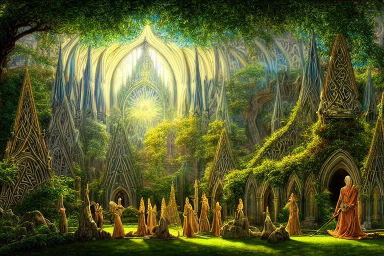 Prompt: a beautiful and highly detailed digital painting of an elven cathedral in a beautiful garden in a mystical forest, celtic, intricate psychedelic details, epic scale, insanely complex, cgsociety, 8 k, sharp focus, hyperrealism, by alex grey, caspar friedrich, albert bierstadt, james gurney, brian froud,