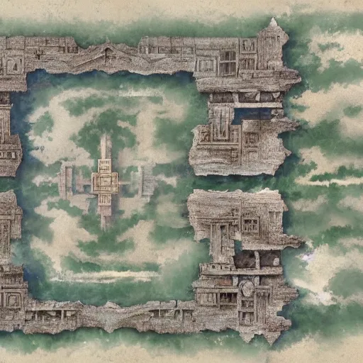 Prompt: top - down handpainted rpg map of a temple in the clouds, by greg rutkowski and afternoon maps, trending on artstation