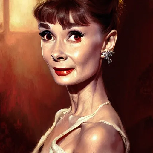 Image similar to audrey hepburn in a horror novel, inside haunted mansion, various scenarios, highly detailed, digital painting, artstation, art by gaston bussiere, greg rutkowski, j. c. leyendecker