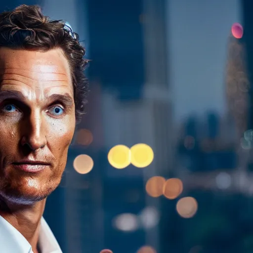 Prompt: a still of matthew mcconaughey . He's looking directly at the camera. HD. Shallow depth of field. City at night in background, lights, colors ,studio lighting, mood, 4K. Profession photography