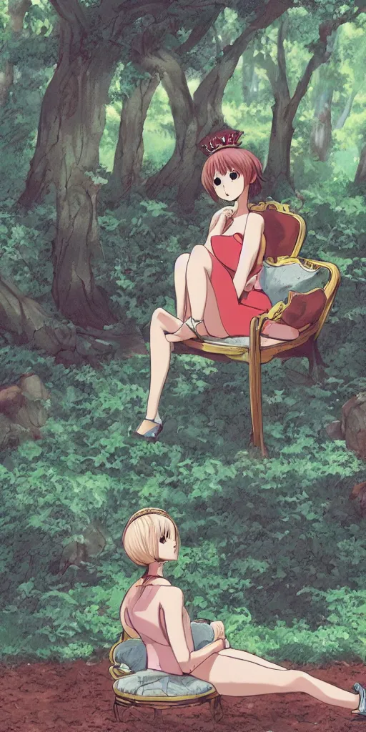 Image similar to a single queen sitting by herself on a sofa in a forest, drawn by CloverWorks, elegant, beauty, nurturing