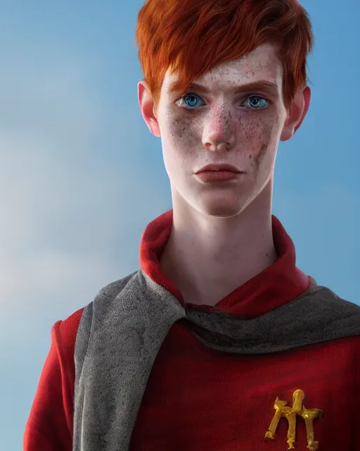 Prompt: a hyper real portrait painting of tall, thin, 1 5 - year - old boy with a long nose, a lot of freckles, fiery red hair, and bright blue eyes, 4 k, 8 k, d & d concept art, unreal 5, daz, hyperrealistic, octane render, cosplay, rpg portrait, dynamic lighting