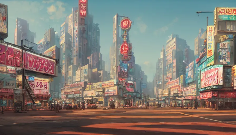 Image similar to A highly detailed matte painting of Buildings with Billboards and neonsigns by Studio Ghibli, Makoto Shinkai, by Artgerm, by WLOP, by Greg Rutkowski, volumetric lighting, octane render, 4K resolution, trending on artstation, masterpiece