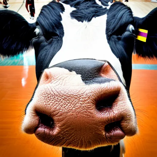 Image similar to a cow dribbling a basketball, cow, dribbling, basketball, award winning, photography, dramatic angle