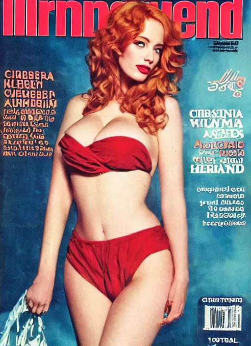 Prompt: christina hendricks and amber heard hybrid on the cover of swimsuit illustrated 1 9 8 0, vintage print