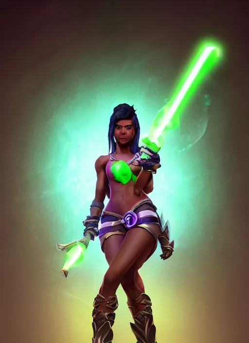 Image similar to senna from league of legends, au naturel, holding a giant weapon, brown skin, with abs, glowing green neon eyes, digital art, trending in artstation, cinematic lighting, studio quality, smooth render, unreal engine 5 rendered, octane rendered, art style by klimt and nixeu and ian sprigger and wlop and krenz cushart