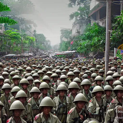 Prompt: ARVN keeping the peace, Saigon City, Vietnam War, 4k, highly detailed, camera facing upwards from the ground, digital art