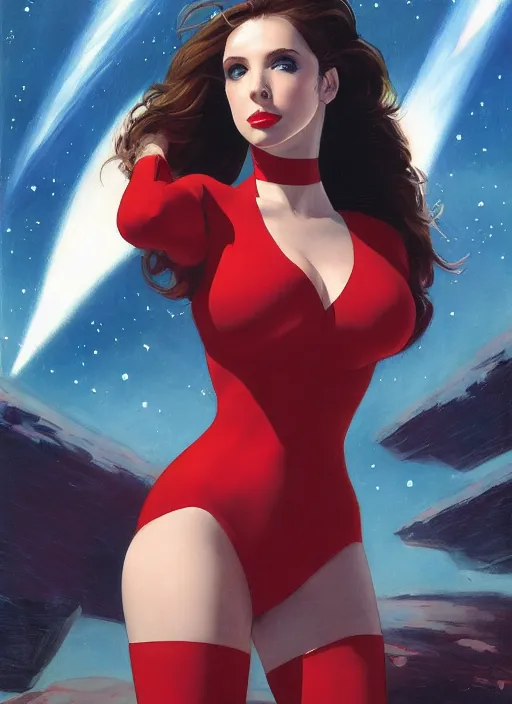 Image similar to Amouranth by Vincent Di Fate, rule of thirds, seductive look, beautiful, in intergalactic multiversal hq