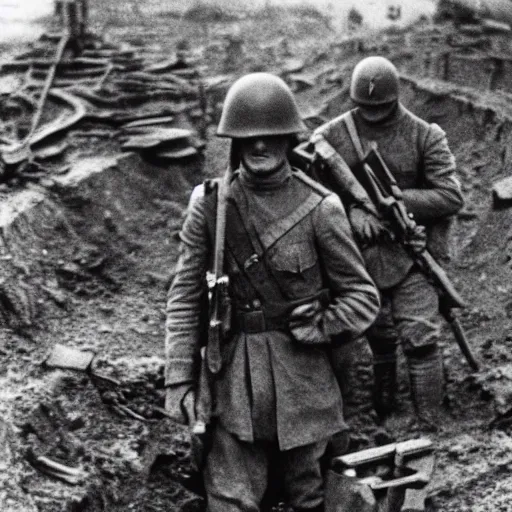 Image similar to Thanos as a soldier, ww1 trench, war photo, film grain