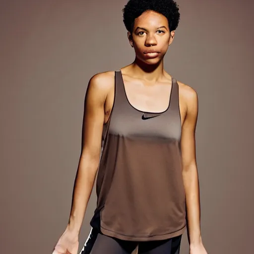 Prompt: realistic photoshooting for a new nike lookbook color film photography portrait of a beautiful woman model wearing a taupe pelagia tank top, photo in style of tyler mitchell