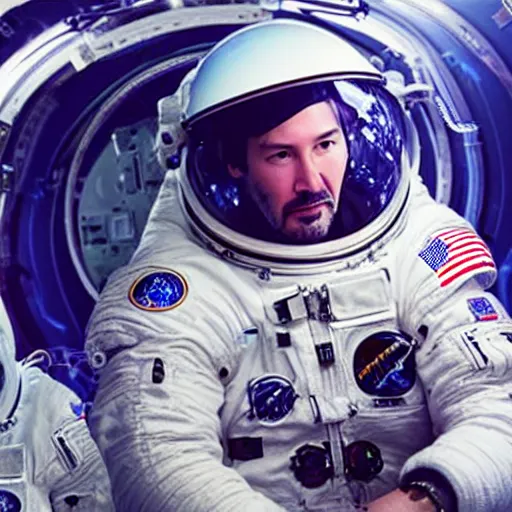 Image similar to keanu reeves in space with astronauts, instagram photo, full hd, 8 k, unreal engine, octane render, hyper detailed, hyper realistic, photorealistic