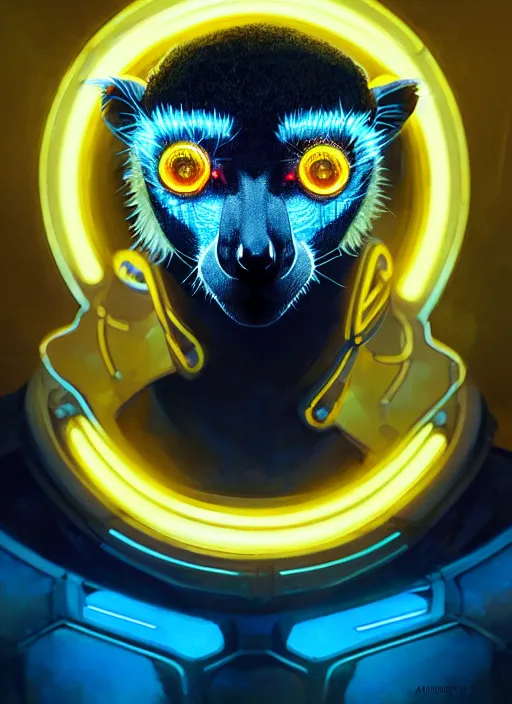 Image similar to symmetry!! portrait of a lemur, sci - fi, tech wear, blue and yellow glowing lights!! intricate, elegant, highly detailed, digital painting, artstation, concept art, smooth, sharp focus, illustration, art by artgerm and greg rutkowski and alphonse mucha