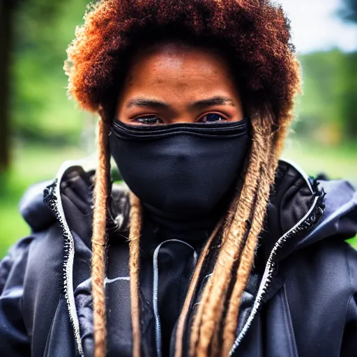 Image similar to photographic portrait of a poor techwear mixed woman, closeup, sigma 85mm f/1.4, 4k, depth of field, high resolution, 4k, 8k, hd, full color