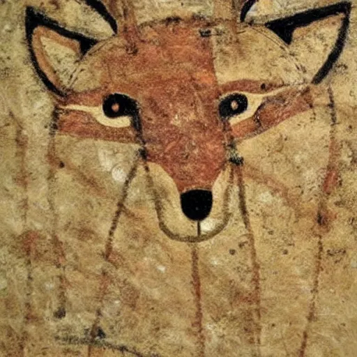 Image similar to neolithic cave painting of a half-fox warrior. strong and powerful anthropomorphic fox. gorgeous eyes. cave scratches in cave wall. art by homo erectus. earthen colors