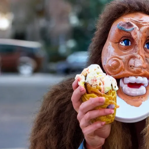 Prompt: photo of a neanderthal amazed eating ice cream