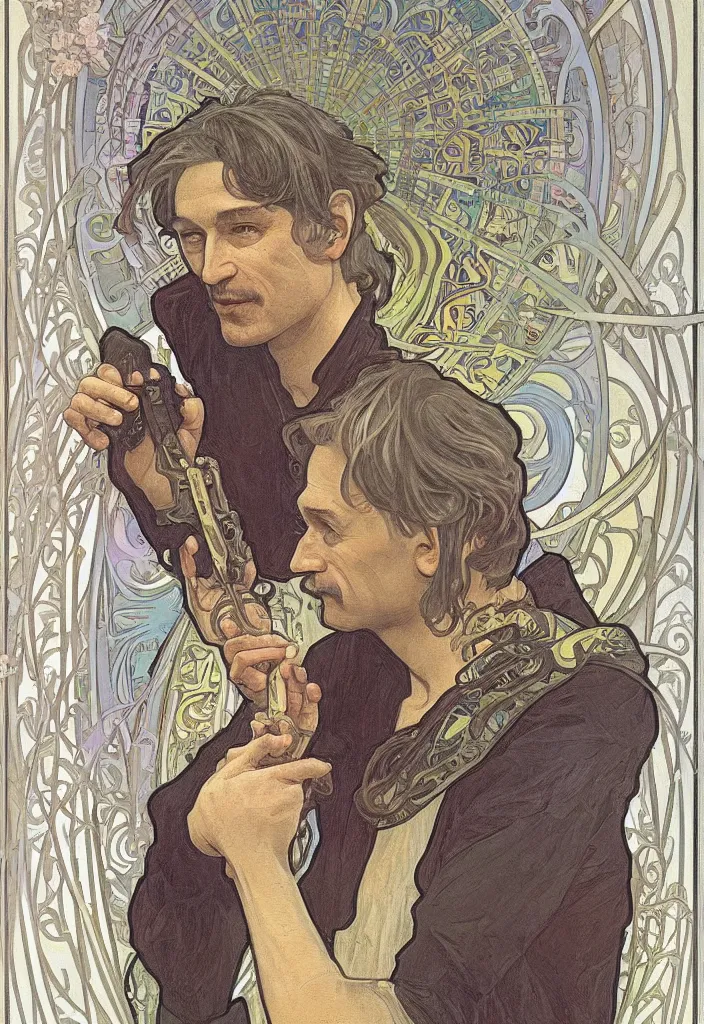 Image similar to realistic white - haired geoffrey hinton on a tarot card, tarot in art style by alphonse mucha