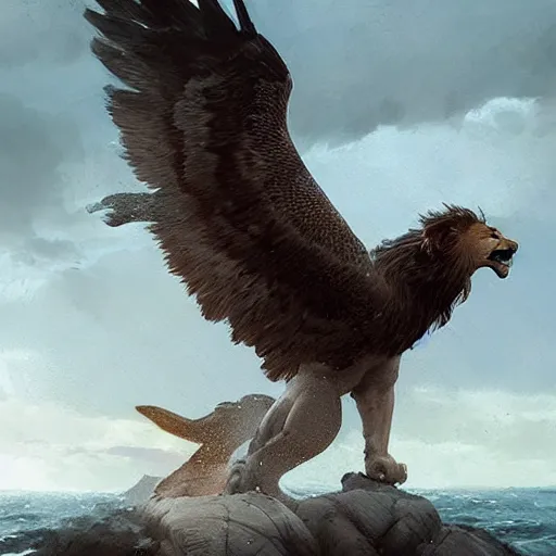 Image similar to A lion with eagle wings coming out of the sea , digital Art, Greg rutkowski, Trending artstation, cinematographic, hyperrealistic