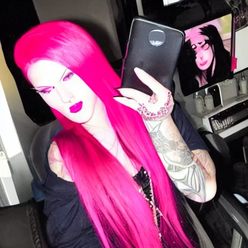 Image similar to jeffree star 2 0 0 0 s selfie with pink red hair