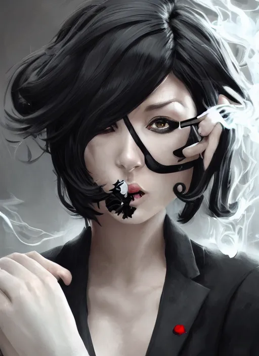 Image similar to a highly detailed illustration of short black haired woman wearing black eyepatch and noir style suit and tie, dramatic smoking pose, intricate, elegant, highly detailed, centered, digital painting, artstation, concept art, smooth, sharp focus, league of legends concept art, WLOP