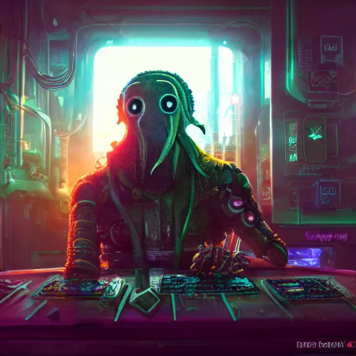 Image similar to a high quality portrait of octopus Davy Jones in a cyberpunk cyberpunk cyberpunk cafe, realism, 8k, award winning photo