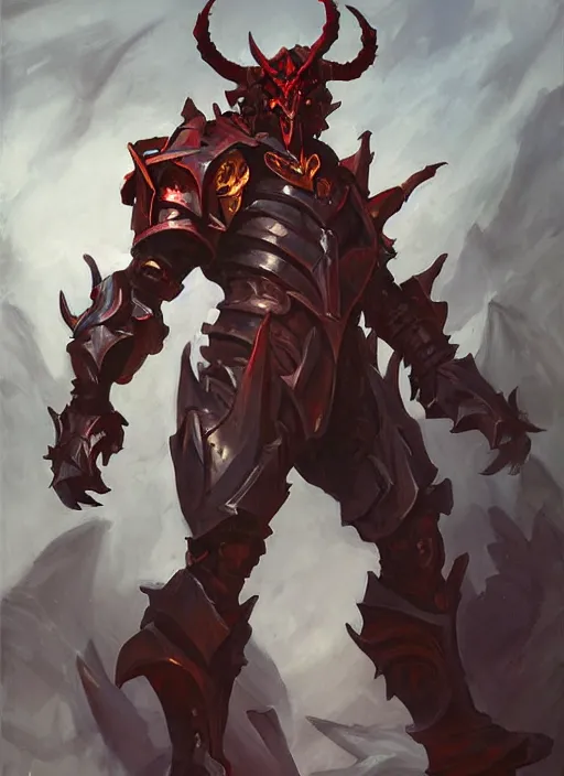 Image similar to Greg Manchess portrait painting of a demonic, devil armored character from league of legends, full shot, asymmetrical, profile picture, Organic Painting, sunny day, Matte Painting, bold shapes, hard edges, street art, cybernetic, metalic, robotic, trending on artstation, by Huang Guangjian and Gil Elvgren and Sachin Teng