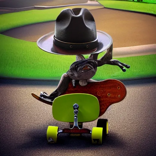 Prompt: a frog wearing a cowboy hat and riding a skateboard, award winning, trending on artstation, unreal engine